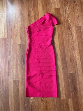 Herve Leger Hot Pink One-Shoulder Bandage Dress